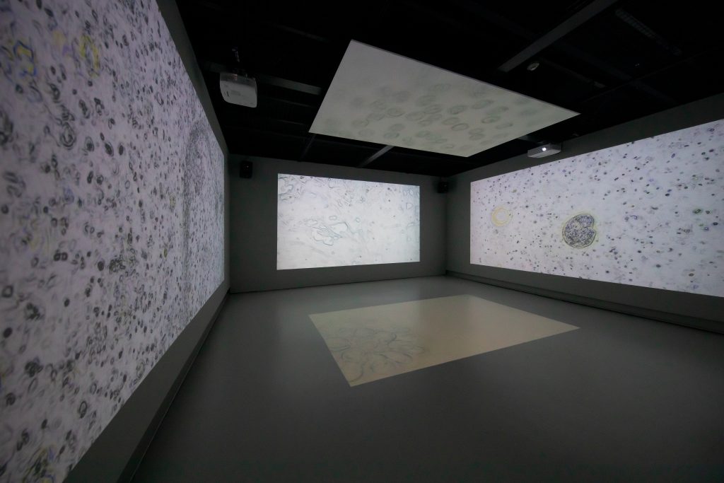 Une salle faiblement éclairée avec des projections d'art numérique abstrait sur trois murs et sur le sol, chacune affichant des motifs complexes et compliqués. A dimly lit room with digital, abstract art projections on three walls and the floor, each displaying complex, intricate patterns.