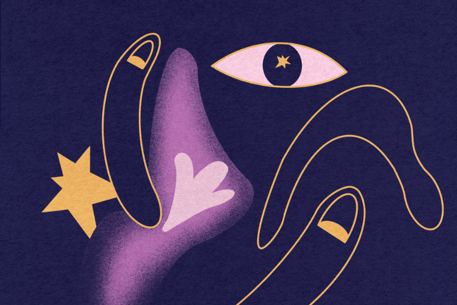 Une illustration abstraite présentant des formes simplifiées et stylisées sur un fond bleu foncé. Un œil unique avec une étoile dans sa pupille est situé en haut, tandis que des formes courbées et allongées ressemblant à des doigts et d'autres formes organiques l'entourent. La palette de couleurs comprend des nuances de violet, de rose et de jaune. La composition comporte également une étoile sur le côté gauche.