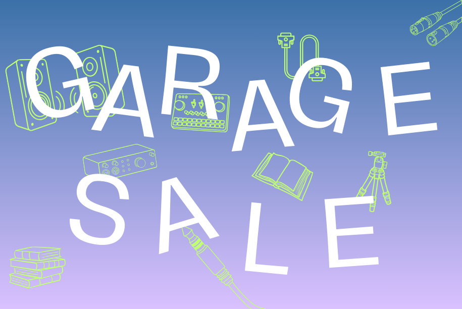 "Garage Sale" with illustrations of electronics, books, and a tripod on a blue to purple gradient background.