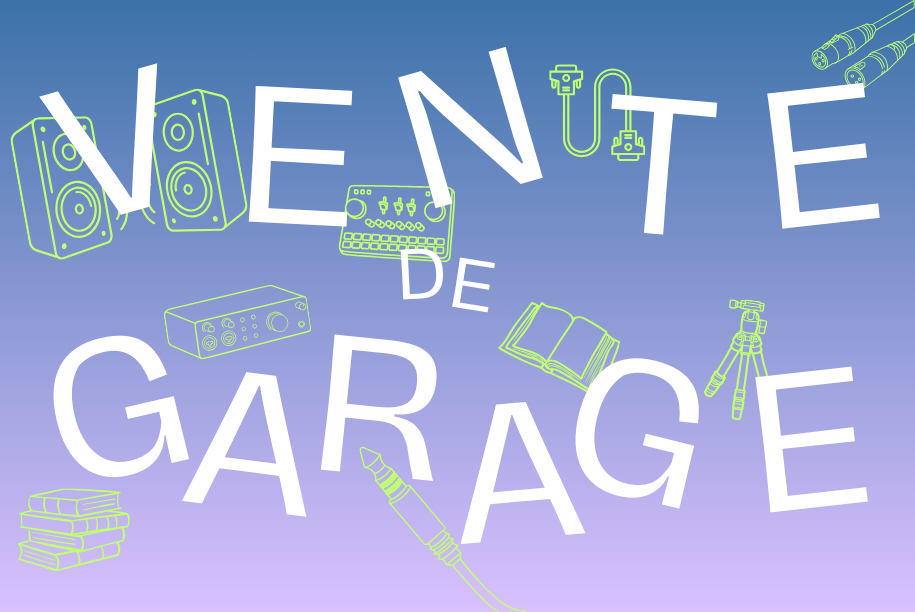 « Vente de Garage » avec des illustrations d'appareils électroniques, de livres et d'un trépied sur un fond dégradé allant du bleu au violet.