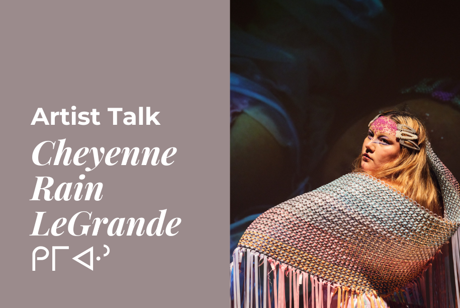 The image is split in two. A mauve square with 'discussion with artist Cheyenne Rain LeGrande' written on it. A colorful, textured shawl drapes an artist, highlighted by vibrant background lighting.