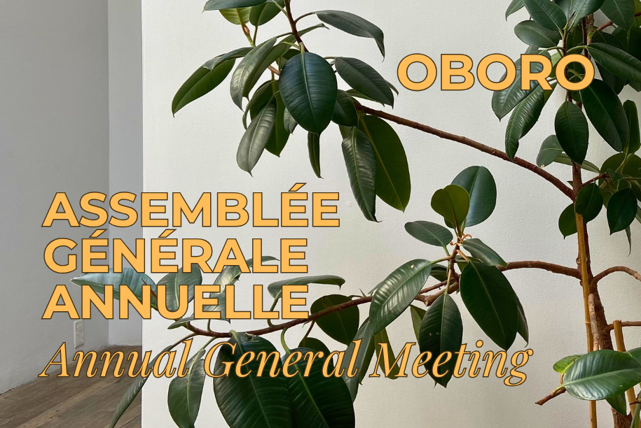 Un texte sur une photo d'une plante de caoutchouc annonce l'assemblée générale annuelle d'OBORO le 5 juin 2025, de 17 à 19 heures, en français et en anglais.