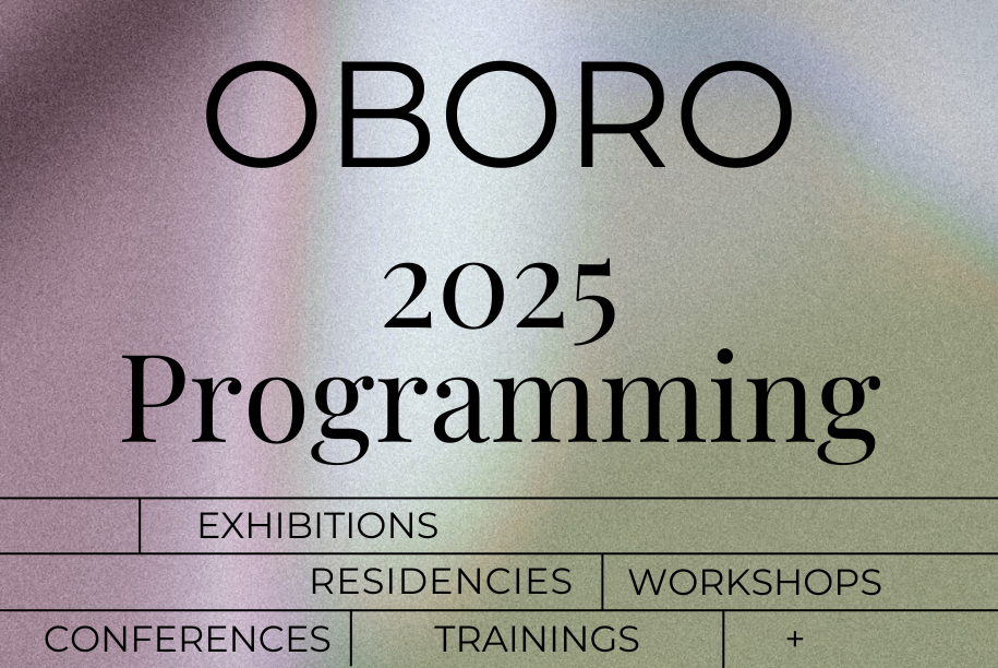 The text reads “OBORO Programming 2025” with menu options for exhibitions, residencies, workshops, conferences, training courses, and more below, on a soft gradient background.