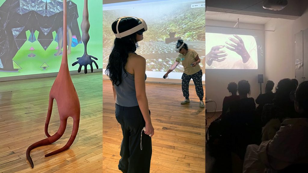 Collage représentant une installation artistique, une personne utilisant la réalité virtuelle et un public regardant une projection dans un espace créatif. / A collage of an art installation, a person using VR, and an audience watching a projection in a creative space.